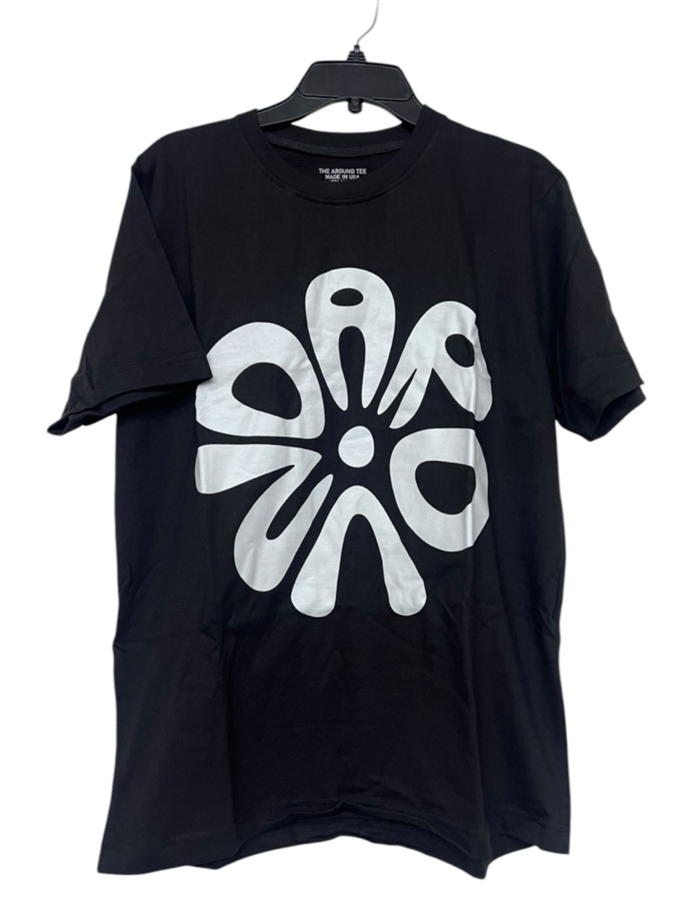 New Around Logo Style Black Graphic Tee with White‎ Retro Flower Shirt